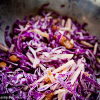Red cabbage and apple slaw with sriracha mayonnaise and almonds